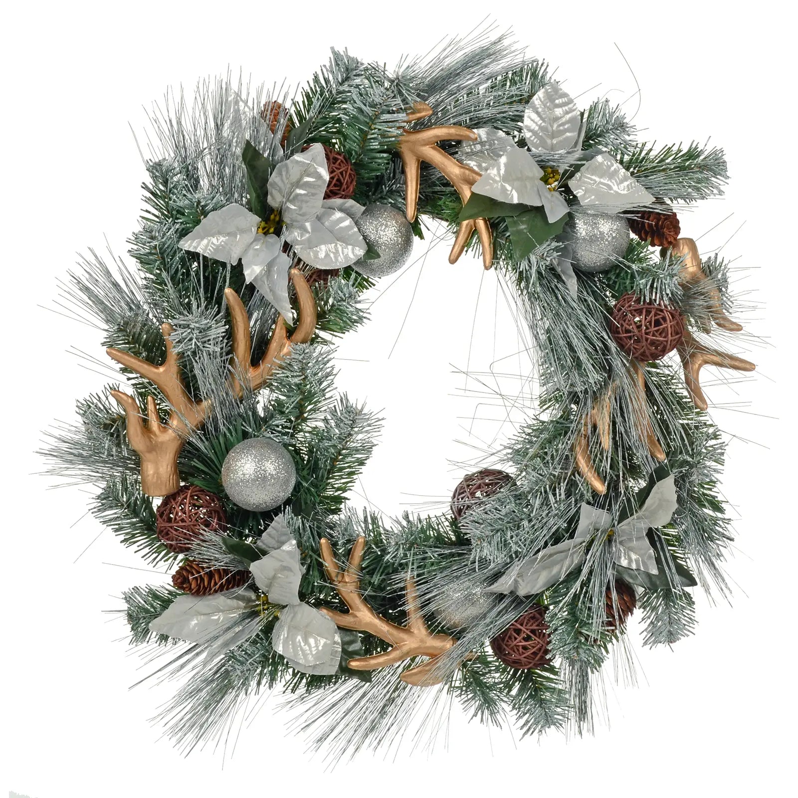 60cm green and silver christmas wreath decorated with rattan balls, pine cones, green and silver foliage and gold reindeer antlers